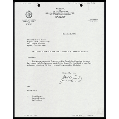 Copy of Letter to Justice Posner From Zweig RE: Stipulated Agreement and Preliminary Injunction preview