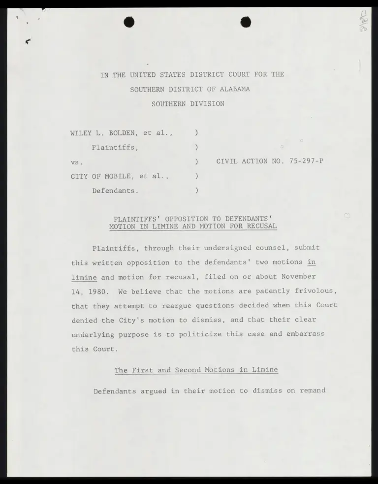 Plaintiffs' Opposition to Defendants' Motion in Limine and Motion for Recusal preview