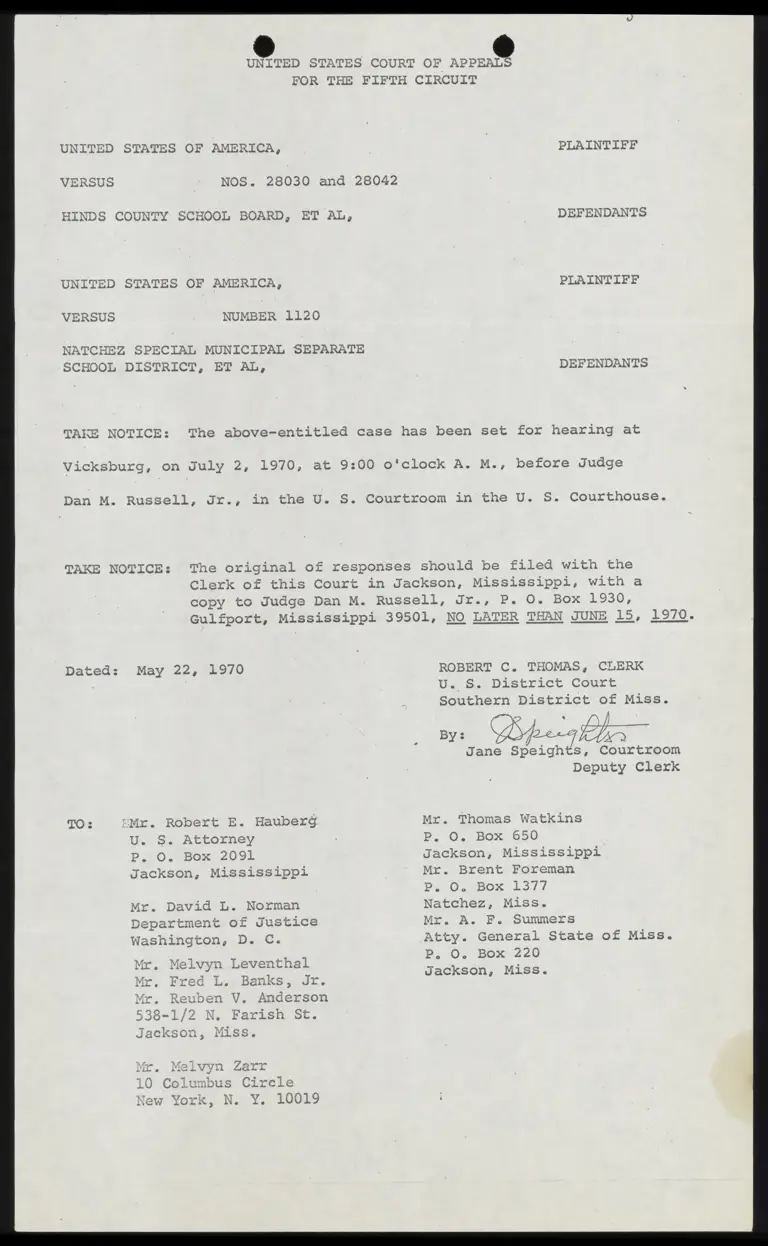 United States v. Natchez County Notice to Set Hearing and File Responses preview