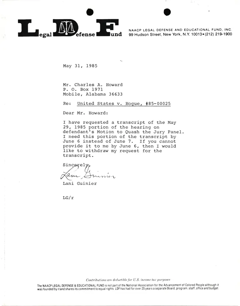 Correspondence from Lani Guinier to Charles A. Howard Re: United States v. Hogue preview