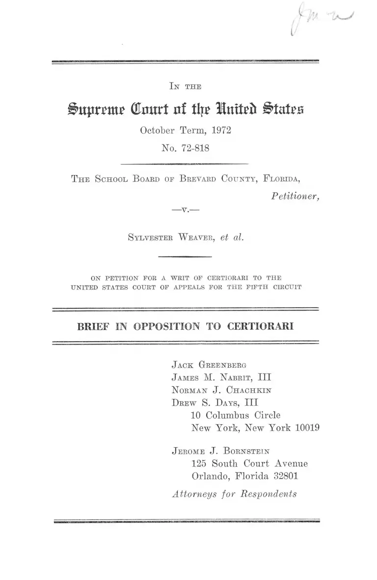 School Board of Brevard County, Florida v. Weaver Brief in Opposition to Certiorari preview