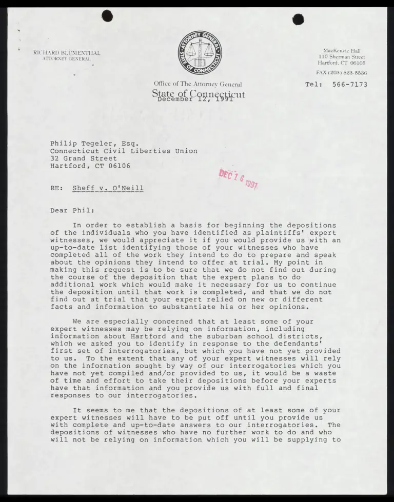 Correspondence from Whelan to Tegeler Re: Expert List preview