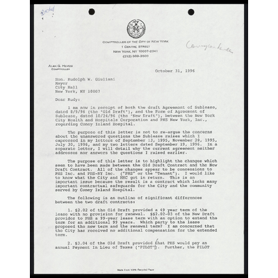 Copy of Letter to Mayor Giuliani From Hevesi RE: Changes to Contract preview