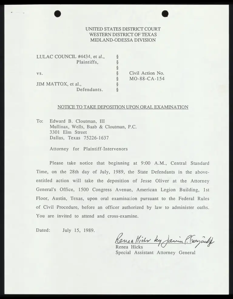 Notice to Take Deposition Upon Oral Examination to Cloutman for July 28 preview