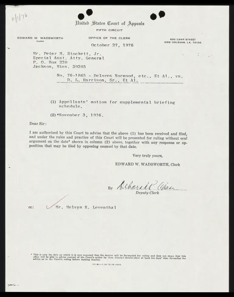 Correspondence from Clerk to Stockett Re: Notice of Receipt preview