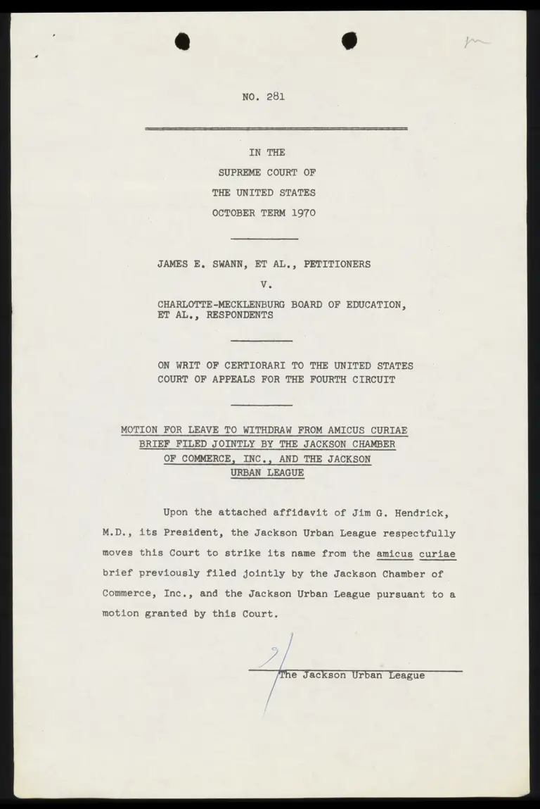 Motion for Leave to Withdraw Amicus Brief by the Jackson Chamber of Commerce et al.; Affidavit of Jim G. Hendrick preview