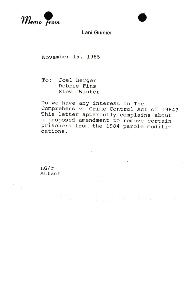 Memorandum from Lani Guinier to Joel Berger, Debbie Fins, Steve Winter preview
