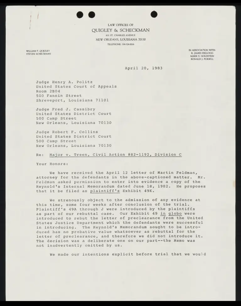 Correspondence from Kellogg to Judges Politz, Cassibry, and Collins preview