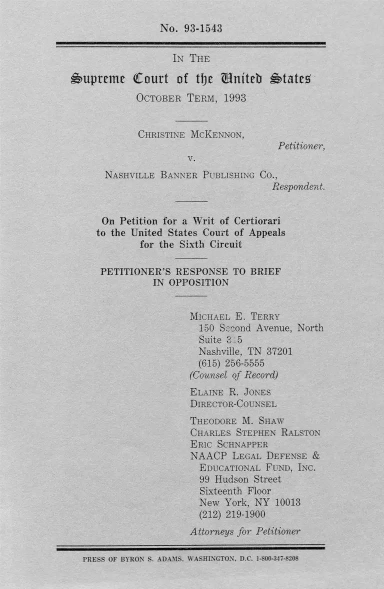 McKennon v. Nashville Banner Publishing Co. Petitioners Response to Brief in Opposition preview