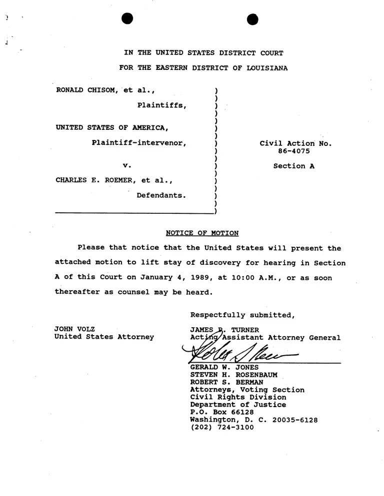 Notice of Motion; Motion for the United States to Lift Stay of Discovery; Order; Memorandum for the United States in Support of Motion to Lift Stay of Discovery preview