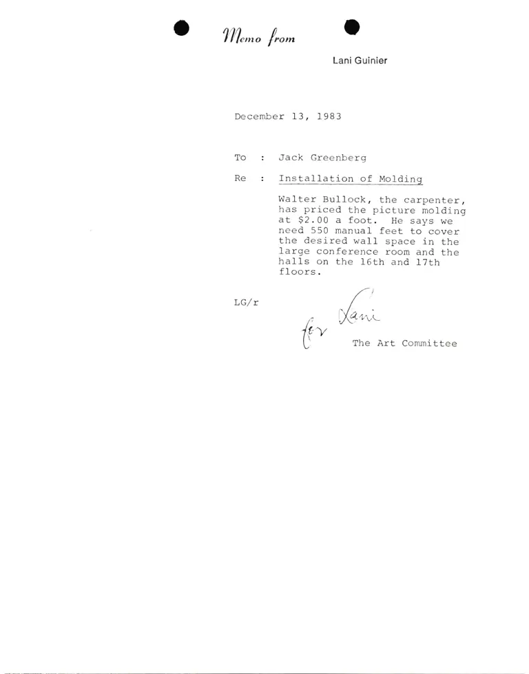 Memorandum from Lani Guinier to Jack Greenberg Re: Installation of Molding preview