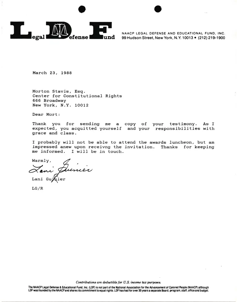 Correspondence from Lani Guinier to Morton Stavis preview