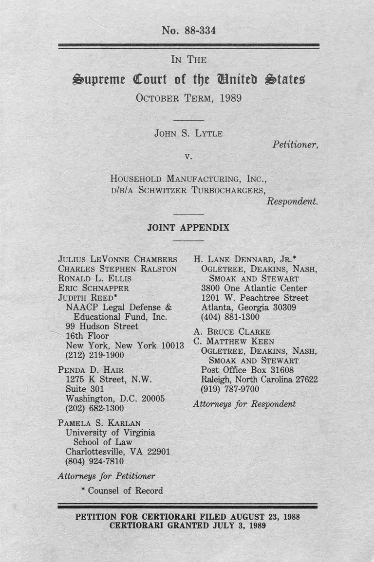 Lytle v. Household Manufacturing Inc. Joint Appendix preview