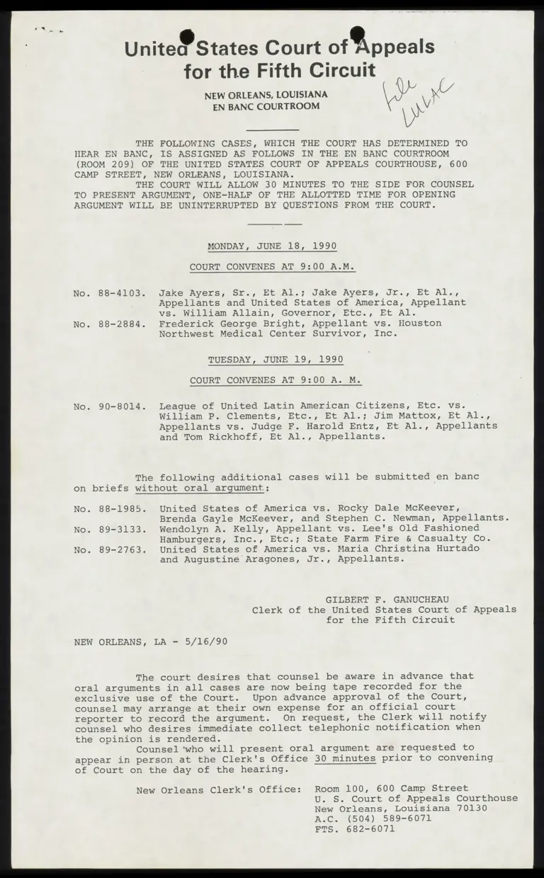 Fifth Circuit Court of Appeals Schedule for Argument preview