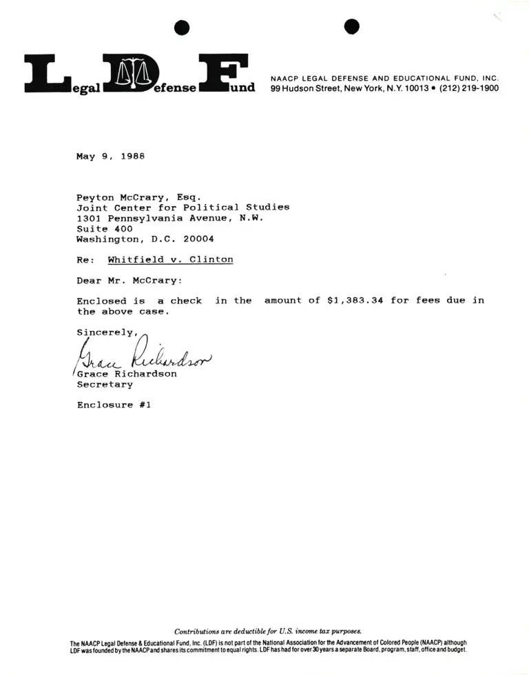 Correspondence from Grace Richardson to Peyton McCrary Re Whitefield v. Clinton preview