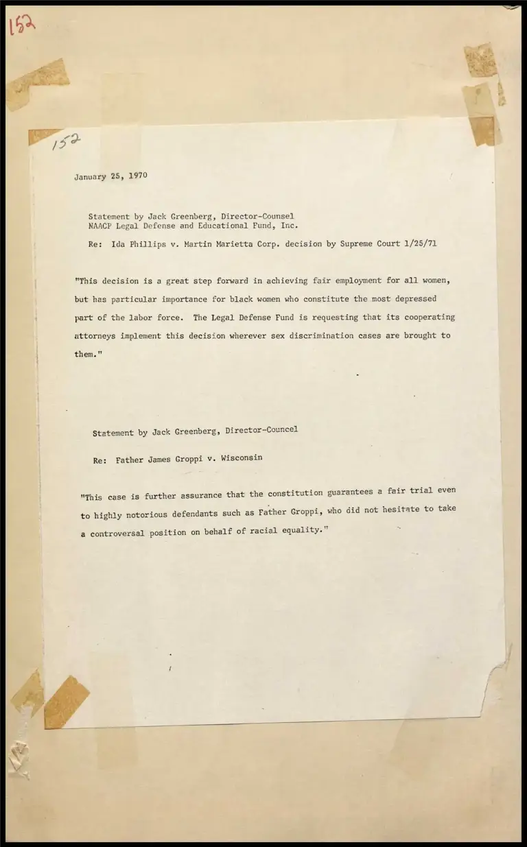 Greenberg Statement Re: Ida Phillips v. Martin Marietta Corp. Decision by Supreme Court 1/25/71 and Father James Groppi v. Wisconsin preview
