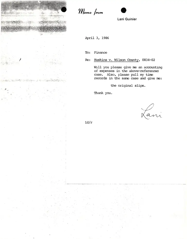 Memorandum from Lani Guinier to Finance Re Haskins v. Wilson County preview