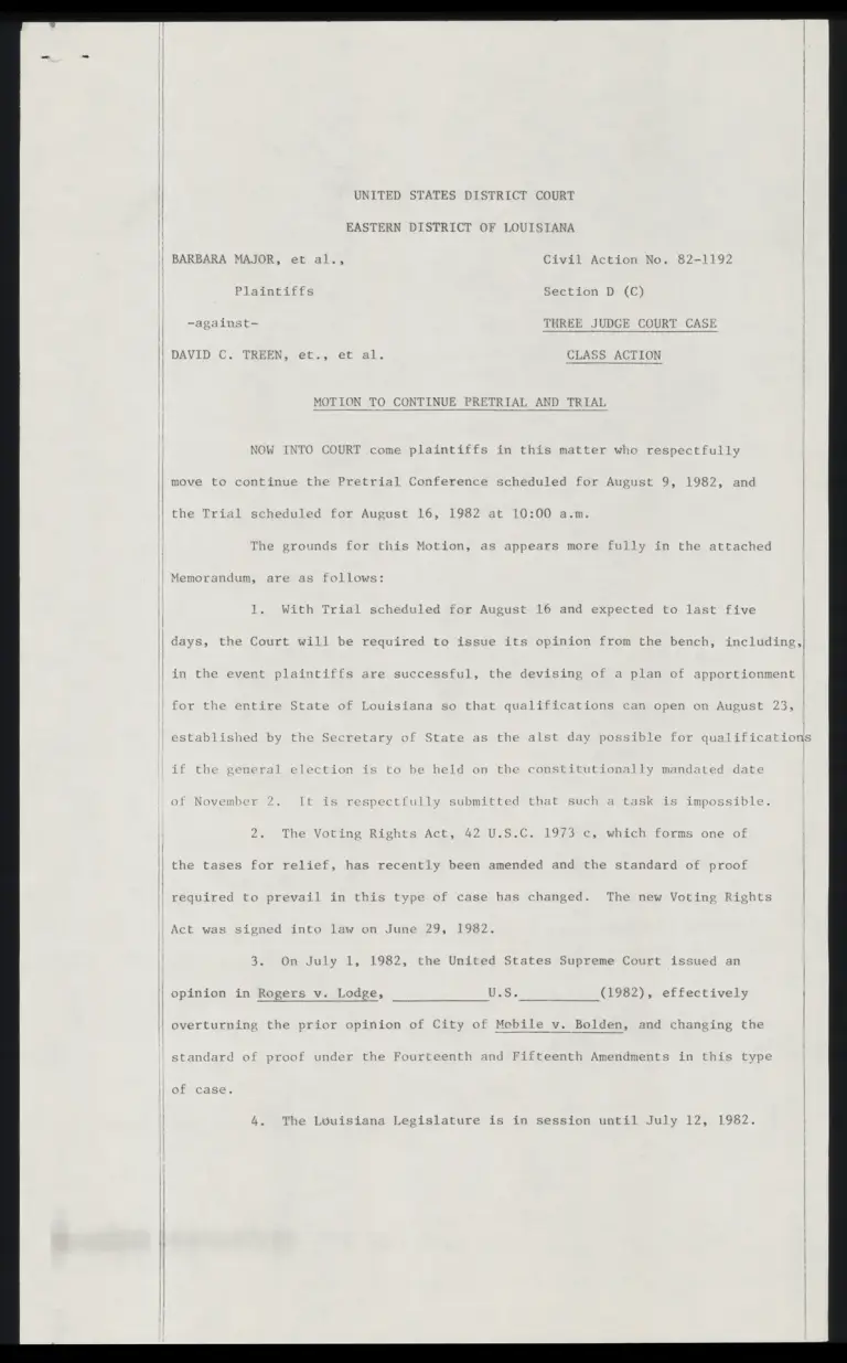 Motion to Continue Pretrial and Trial preview