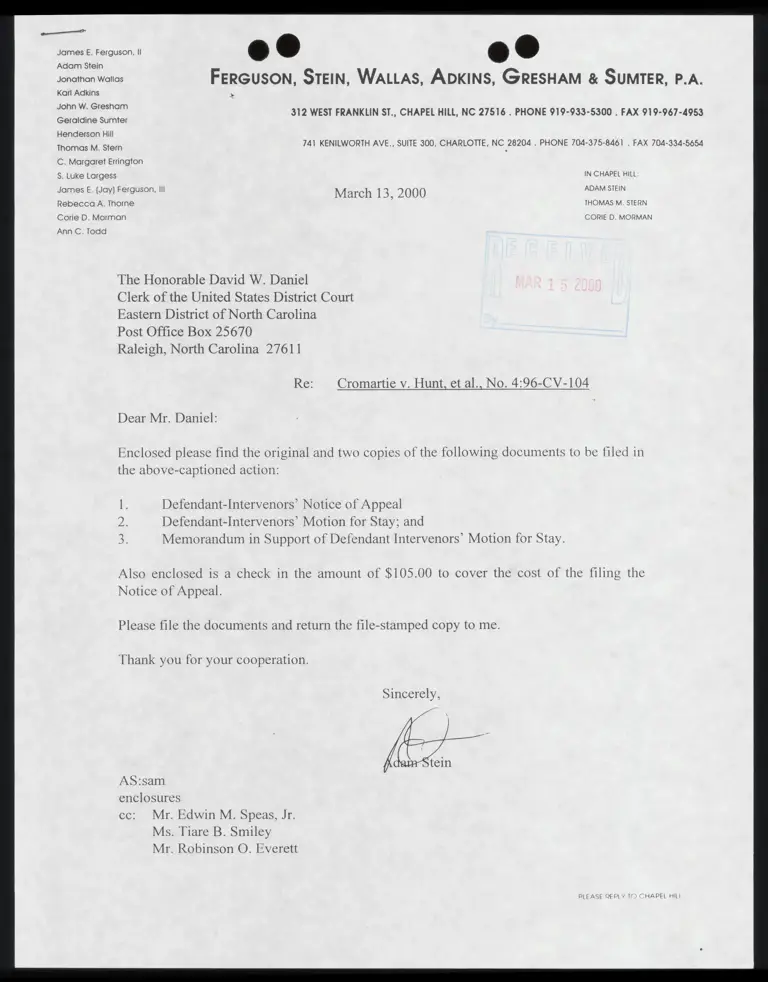 Letter to Daniel from Stein RE: Copies of Appeal, Motion for Leave, Memo in Support, and Check preview