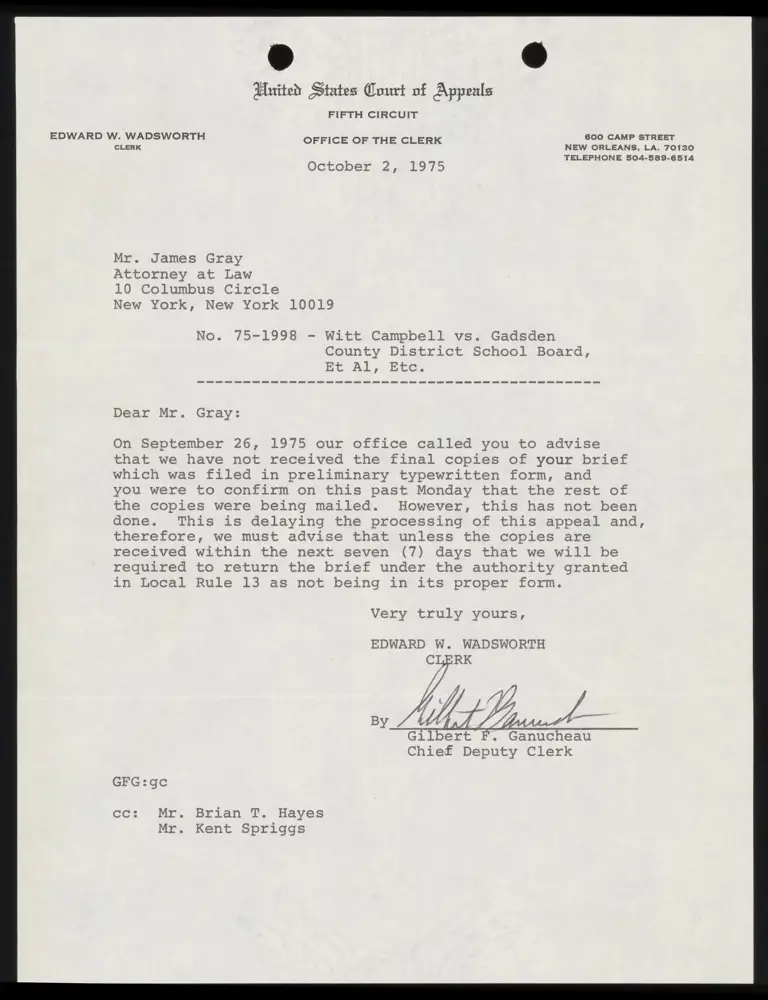 Correspondence from Clerk to Gray Re: Brief Requested preview