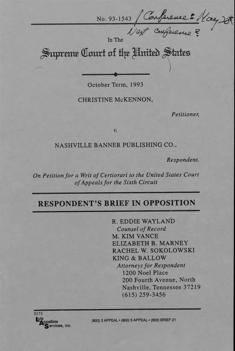 McKennon v. Nashville Banner Publishing Co. Respondent's Brief in Opposition preview