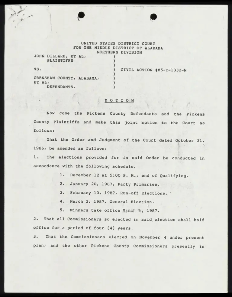 Motion; Order Concerning Pickens County Election Schedule preview