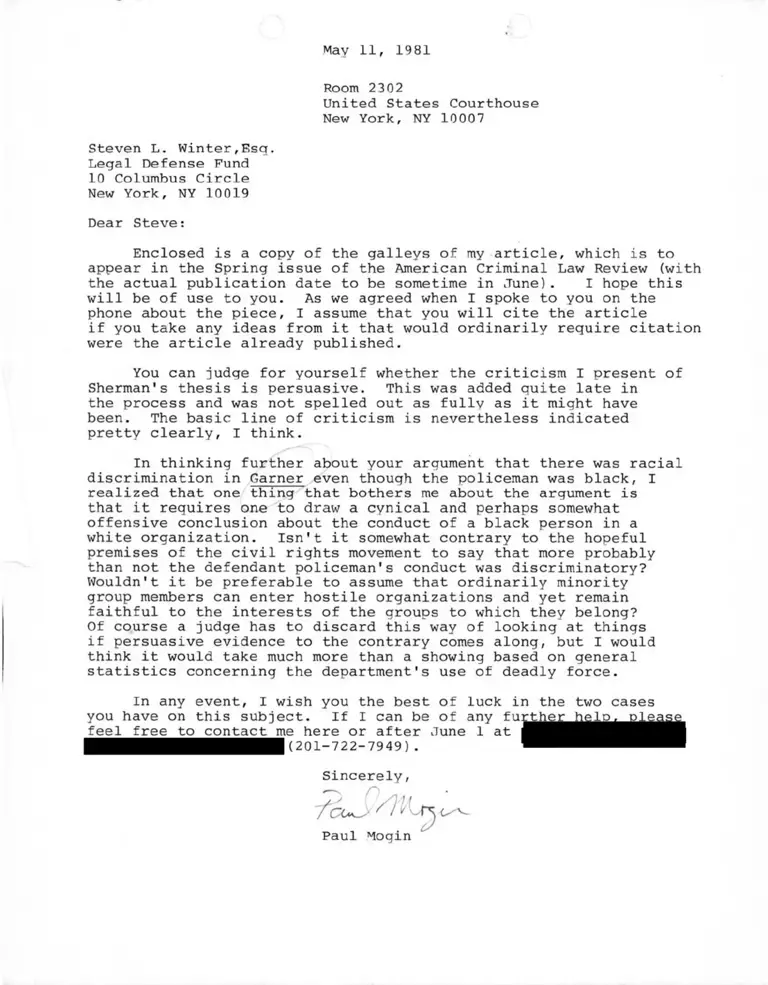 Correspondence from Mogin to Winter Re: American Criminal Law Review Article (Redacted) preview