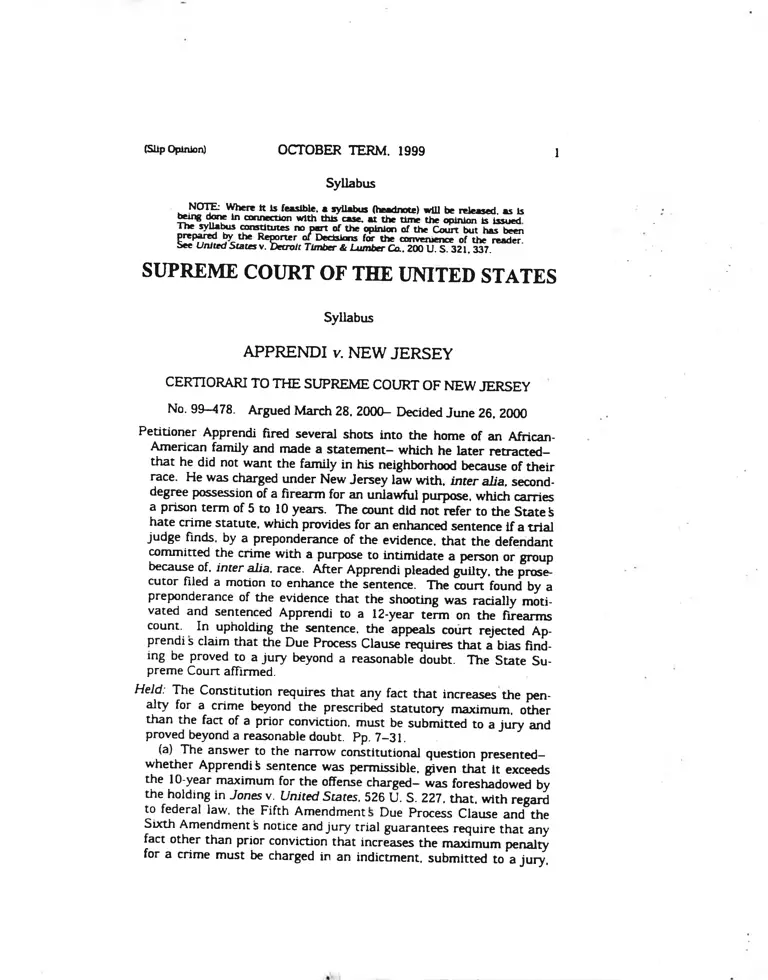 Apprendi v. New Jersey Slip Opinion preview