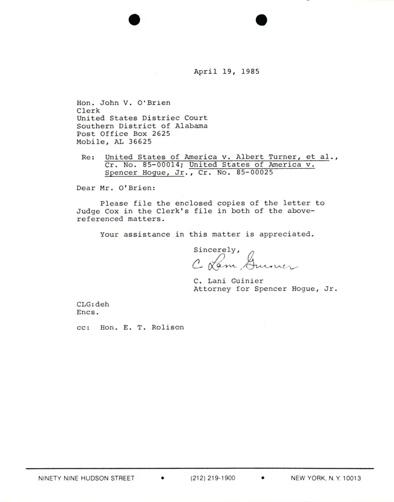 Correspondence from Lani Guinier to John V. O'Brien (Clerk) Re: United States v. Turner and United States v. Hogue preview