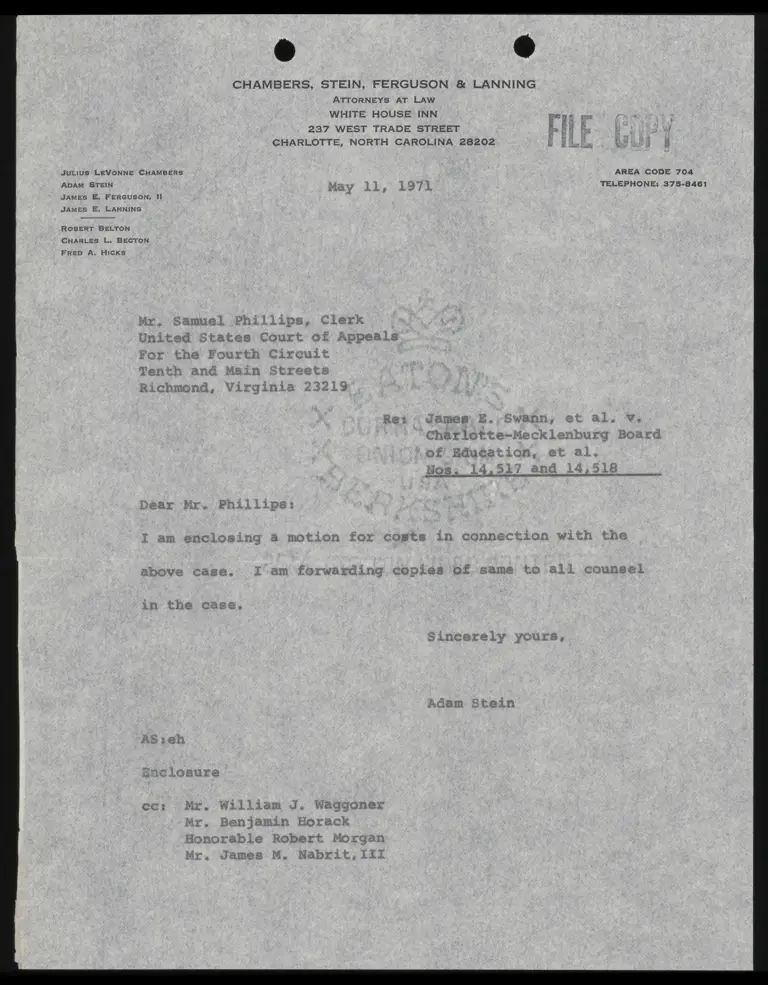 Correspondence from Stein to Clerk Re: Motion for Costs preview
