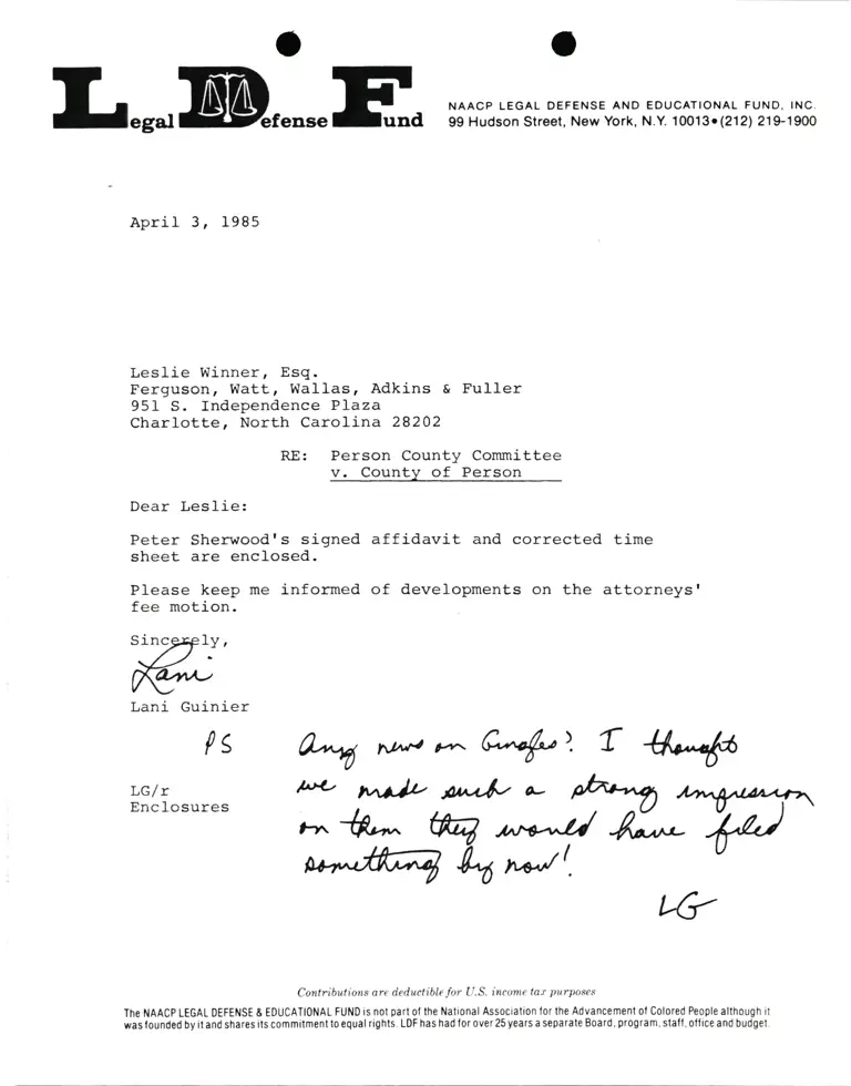 Correspondence from Lani Guinier to Leslie Winner Re Person County Committee v. County of Person preview