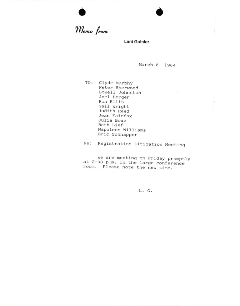 Memo from Lani Guinier Re Registration Litigation Meeting preview