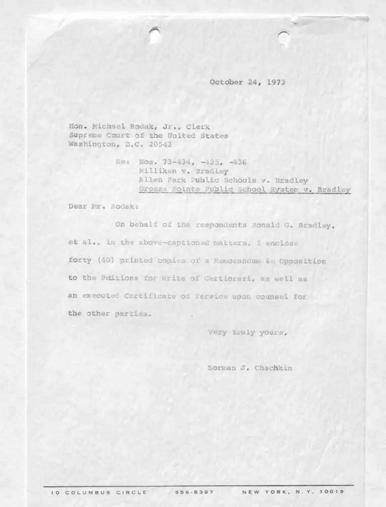 Letter from Chackin to Rodak RE: Copies of Memo in Opposition to the Petitions for Writs of Certiorari with Certificate of Service preview