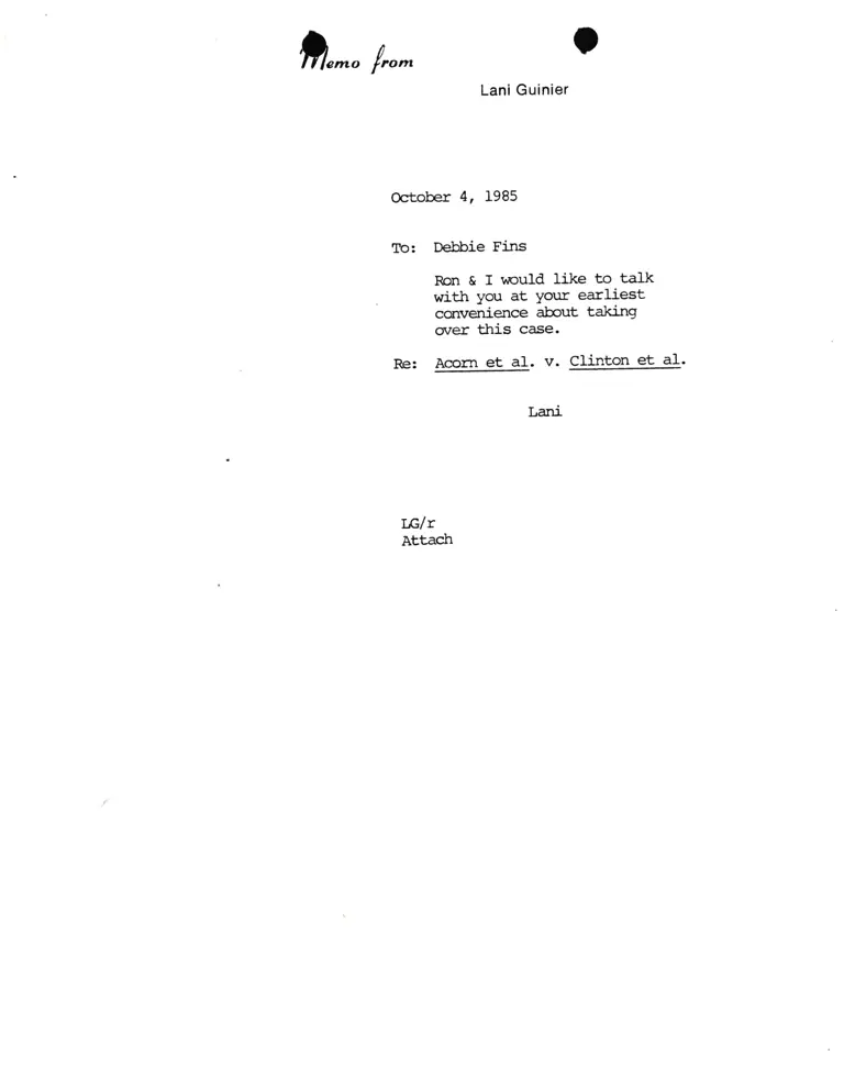 Correspondence from Lani Guinier to Debbie Fins Re Acorn v. Clinton preview