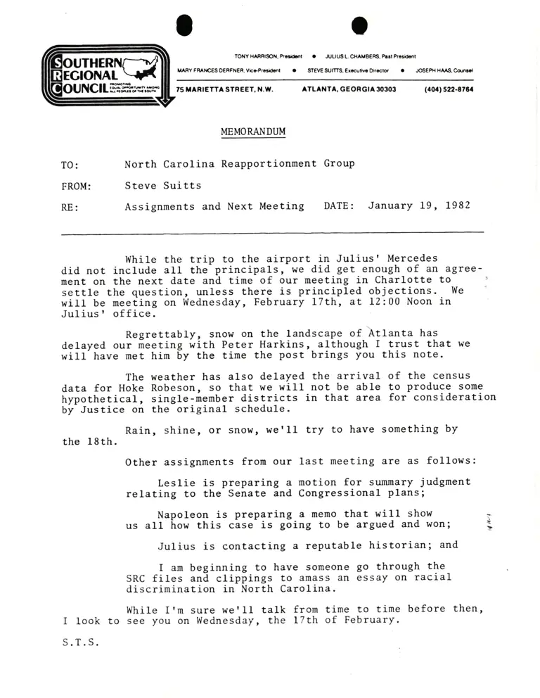 Memorandum from Suitts to North Carolina Reapportionment Group preview