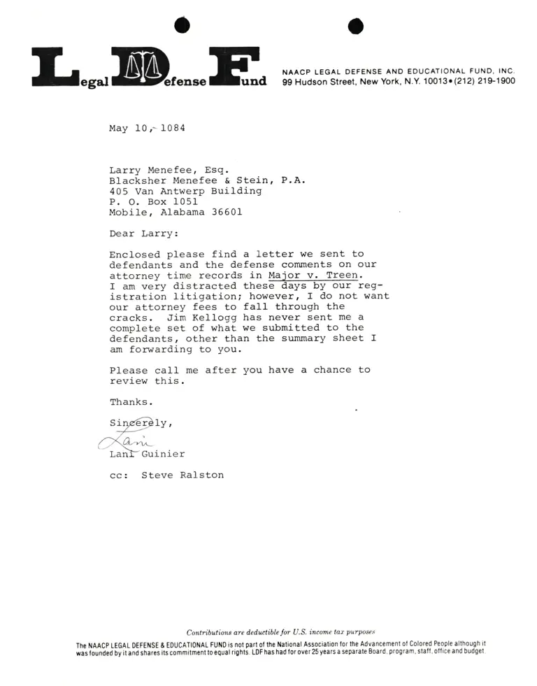 Letter from Lani Guinier to Larry Menefee, Esq. RE: Attorney time records in Major v. Treen preview