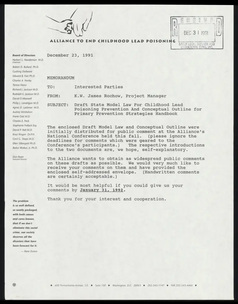 Memo from Rochow to Interested Parties Re: Draft State Model Law preview