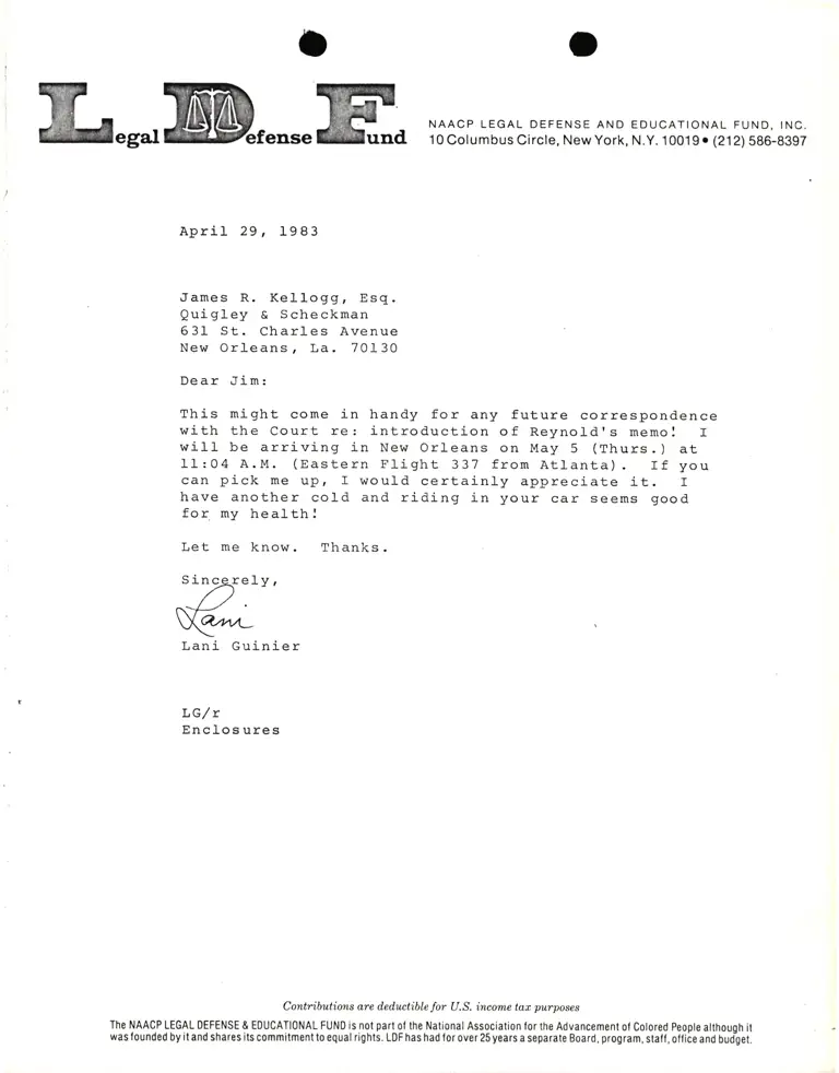 Correspondence from Lani Guinier to James R. Kellogg preview