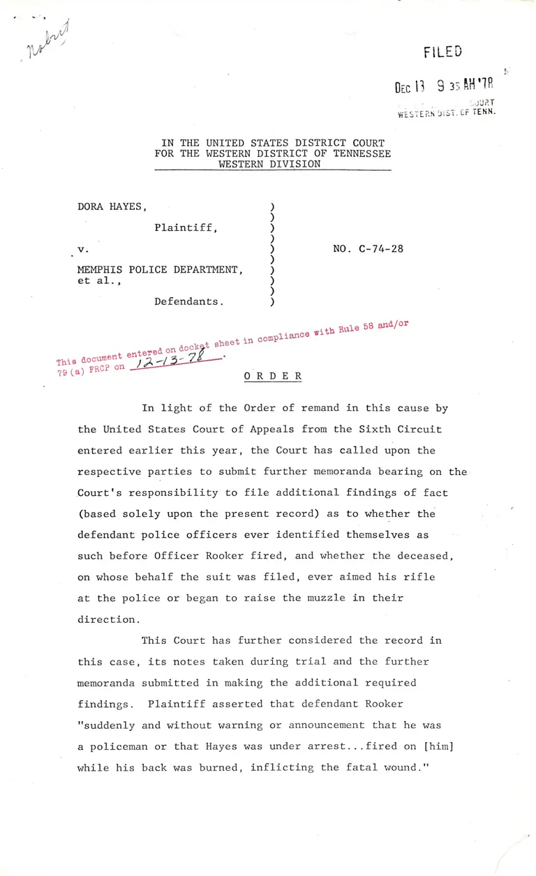 Order from Hayes v. Memphis Police Department preview
