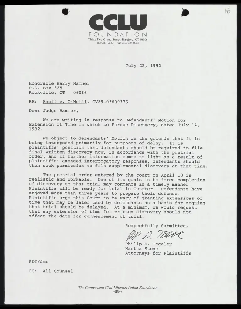 Correspondence from Tegeler to Judge Hammer preview