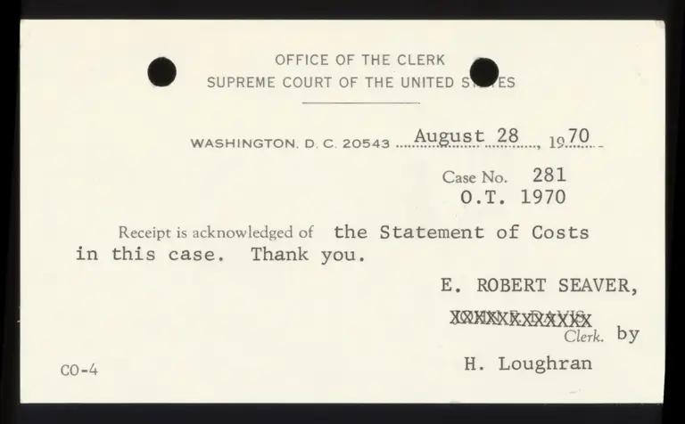 Correspondence from Clerk to Nabrit Re: Receipt of Statement of Costs preview