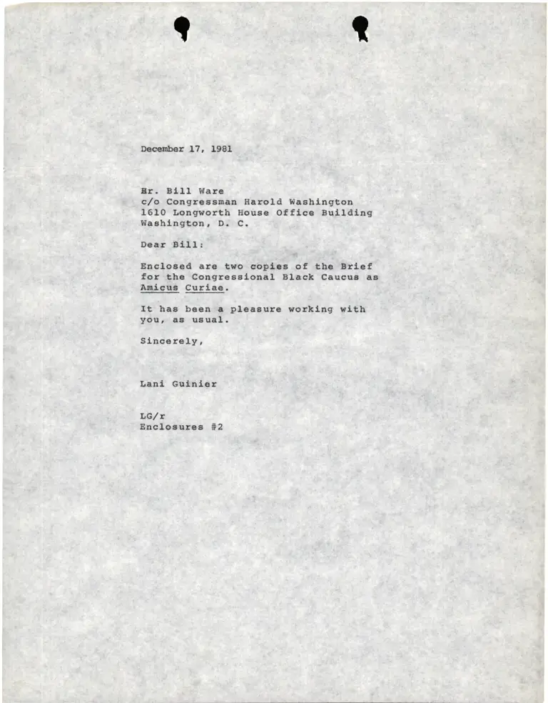 Letter from Lani Guinier to Bill Ware RE: Copies of Brief for the Congressional Black Caucus as Amicus Curiae preview