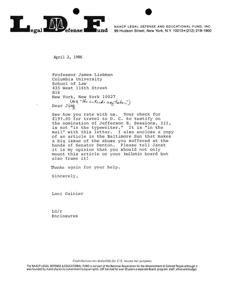 Correspondence from Lani Guinier to Prof. James Liebman (Columbia University) preview