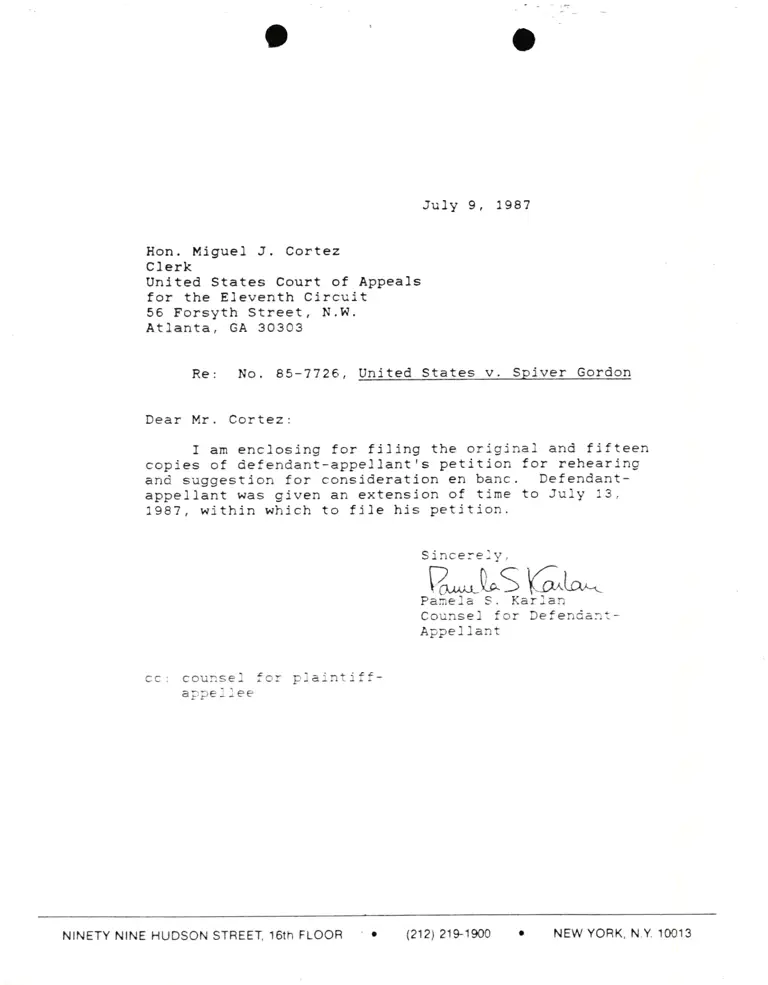 Correspondence from Pamela Karlan to Miguel J. Cortez (Clerk) Re: United States v. Spiver Gordon preview