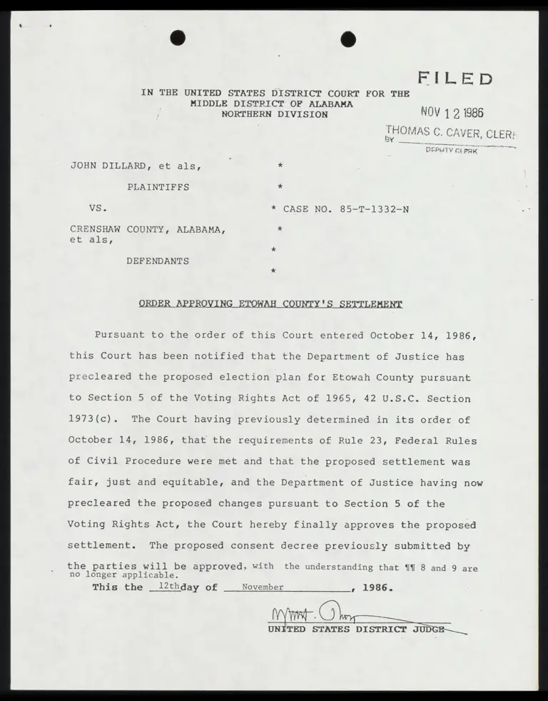 Order Approving Etowah County's Settlement; Consent Decree Concerning Etowah County preview