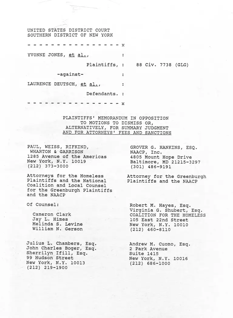 Jones v. Deutsch Plaintiffs' Memorandum in Opposition to Motions to Dismiss or, Alternatively, for Summary Judgement and for Attorneys' Fees and Sanctions preview