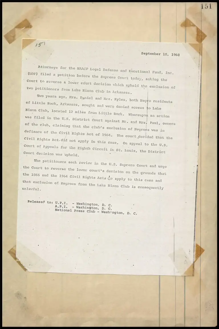 Petition Against Lake Nixon Club in Arkansas Filed by LDF - Discrimination Against 2 Negro Women preview