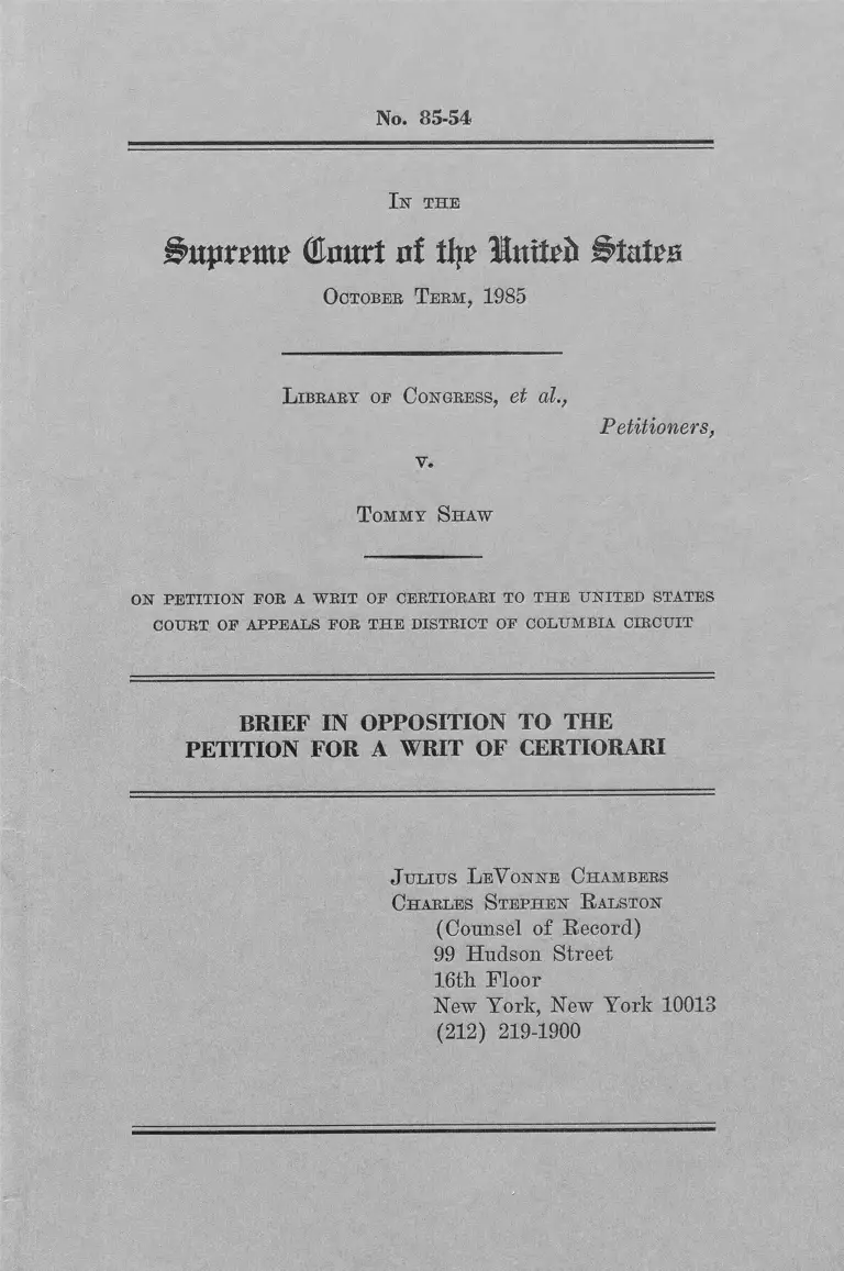 Library of Congress v. Shaw Brief in Opposition to the Petition for a Writ of Certiorari preview