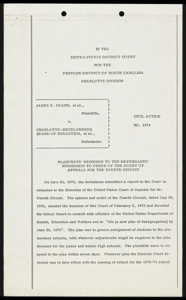 Plaintiffs' Response to the Defendants' Submission to Order of the Court of Appeals for the Fourth Circuit preview