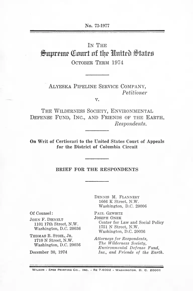 Alyeska Pipeline Service v. Wilderness Society Brief for the Respondents preview